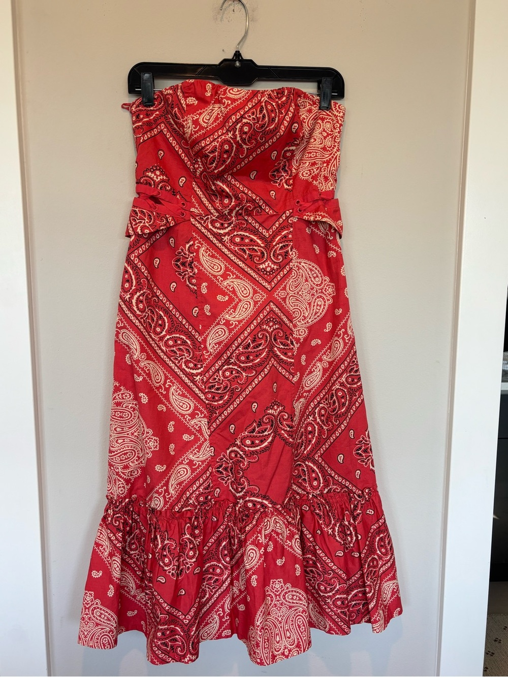 HOLDING HORSES Strapless Red Paisley Print Midi Dress